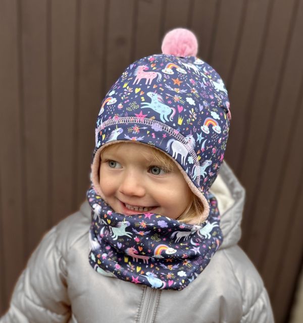 Dráče Dětská zimní funkční čepice Laponka Polárka vzor 40, fialová - jednorožec